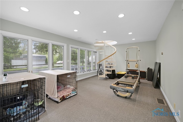 workout room with recessed lighting, carpet floors, and baseboards