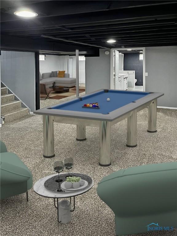 1381 Junior Dr, Maumee, OH 43537 - playroom featuring washer / dryer, carpet, and billiards table