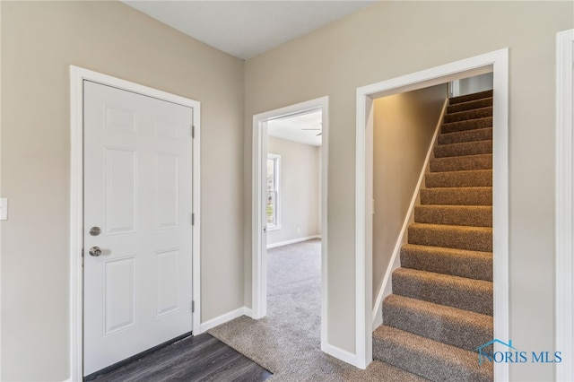 221 Poplar St, North Baltimore, OH 45872 - entrance foyer featuring stairs, baseboards, and dark colored carpet