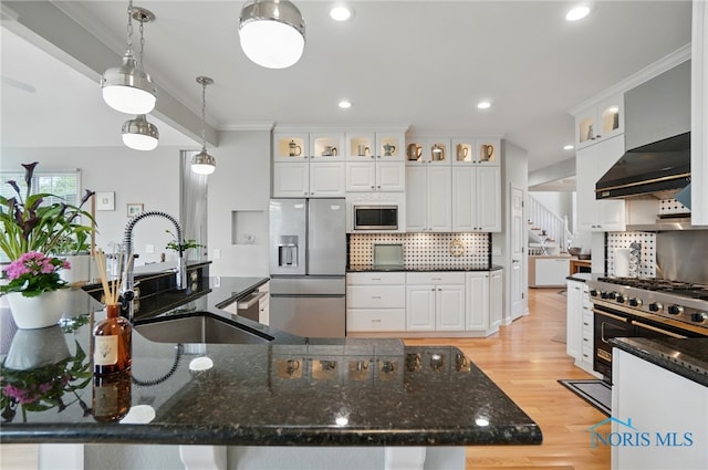 kitchen featuring stainless steel appliances, under cabinet range hood, ornamental molding, a sink, and backsplash