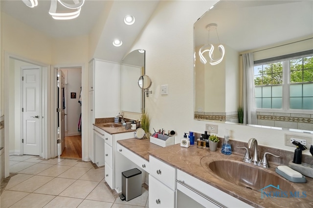 full bath with tile patterned flooring, vanity, and recessed lighting