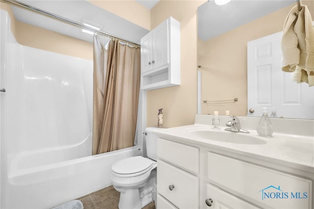 full bathroom with vanity, shower / bath combo, toilet, and tile patterned flooring