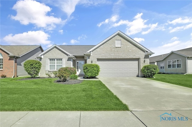 single story home with brick siding, a garage, driveway, and a front yard