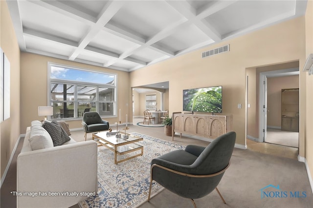 living room featuring coffered ceiling, baseboards, beam ceiling, carpet flooring, and a towering ceiling