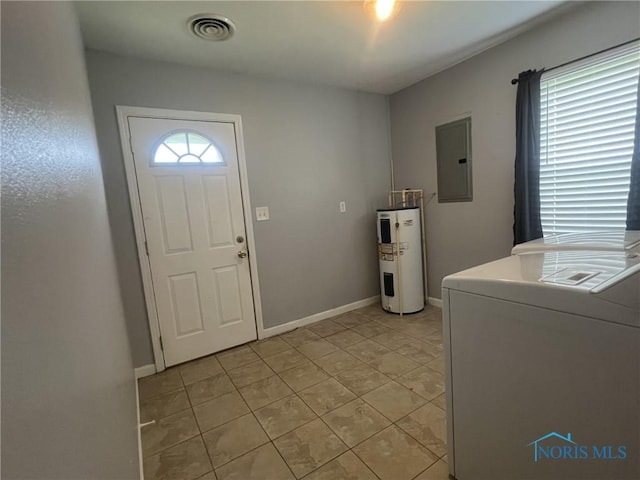 118 N Main St, Bloomdale, OH 44817 - laundry area featuring washer / dryer, water heater, electric panel, light tile patterned floors, and baseboards