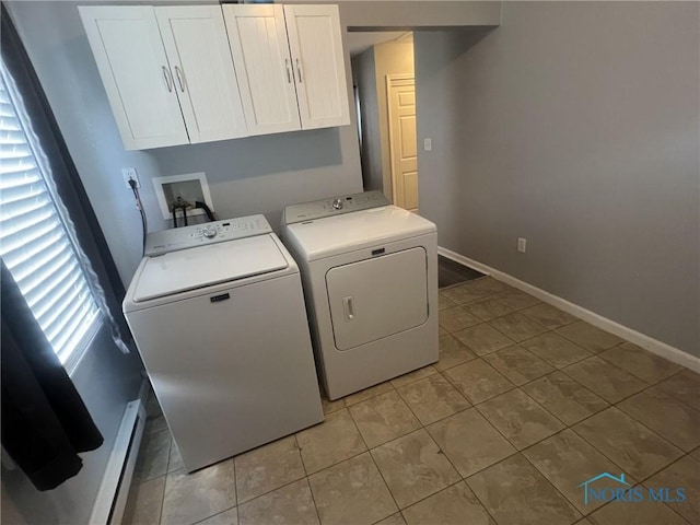 118 N Main St, Bloomdale, OH 44817 - laundry area with cabinet space, independent washer and dryer, baseboards, and a baseboard heating unit