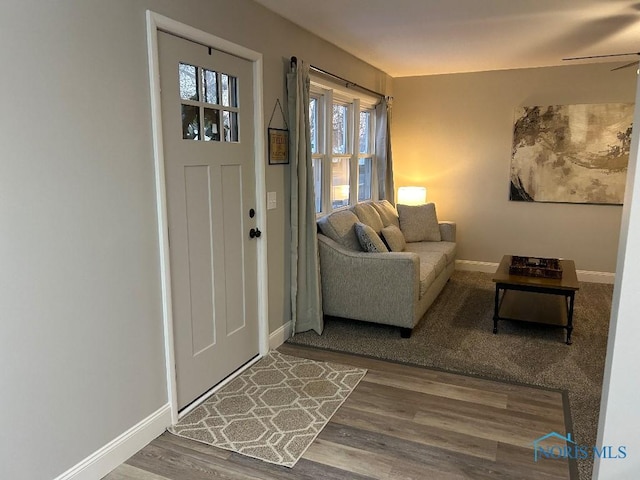 613 W Yeasting St, Gibsonburg, OH 43431 - foyer entrance with baseboards, wood finished floors, and a ceiling fan