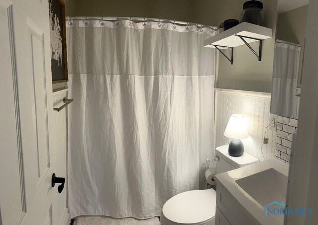 613 W Yeasting St, Gibsonburg, OH 43431 - full bath featuring toilet, vanity, and a shower with shower curtain