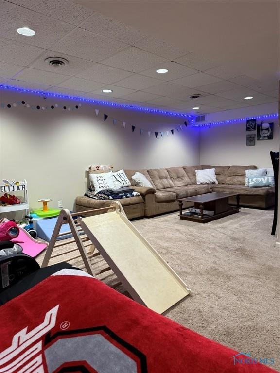 801 W Sandusky St, Findlay, OH 45840 - rec room featuring a paneled ceiling, carpet floors, and recessed lighting