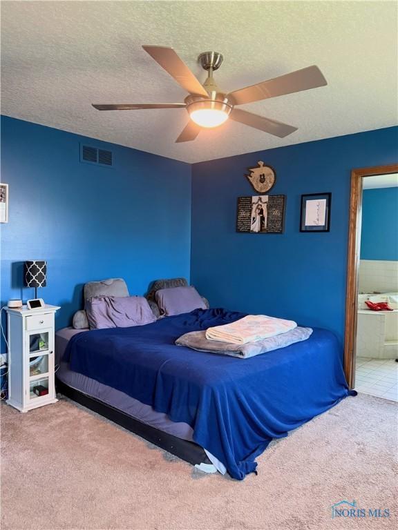 801 W Sandusky St, Findlay, OH 45840 - carpeted bedroom with a ceiling fan, connected bathroom, and a textured ceiling