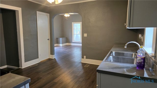 103 E N St, Liberty Center, OH 43532 - kitchen featuring arched walkways, a sink, dark wood-style flooring, ornamental molding, and baseboards