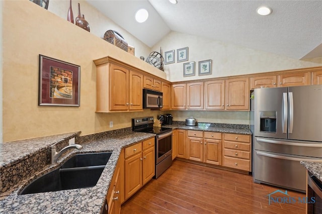 2730 Canterbury Cir Unit 23B, Port Clinton, OH 43452 - kitchen with stainless steel appliances, a sink, high vaulted ceiling, dark wood-type flooring, and dark stone countertops