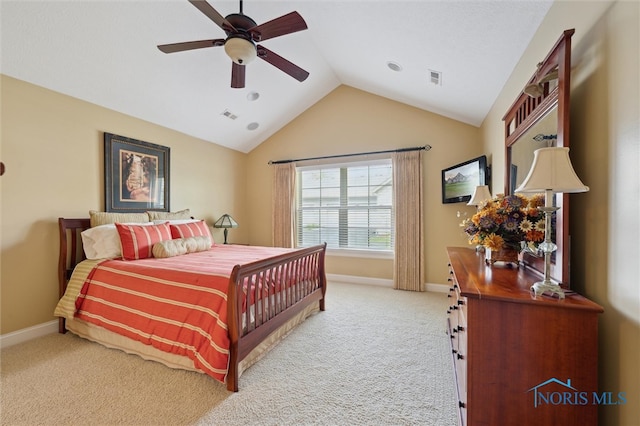 2730 Canterbury Cir Unit 23B, Port Clinton, OH 43452 - bedroom with lofted ceiling, light colored carpet, baseboards, and a ceiling fan