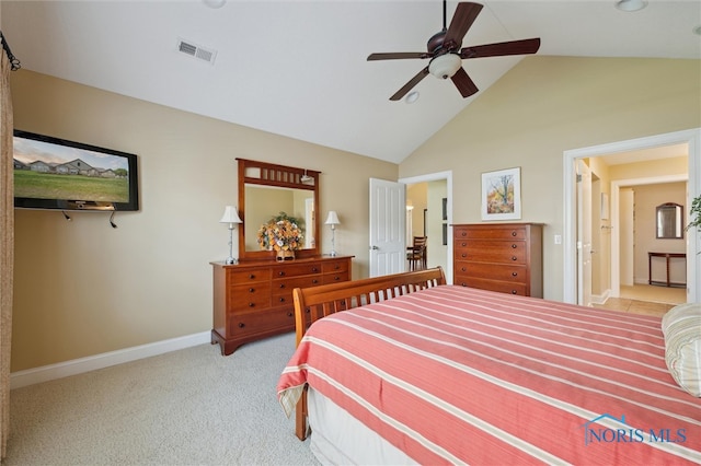 2730 Canterbury Cir Unit 23B, Port Clinton, OH 43452 - carpeted bedroom featuring baseboards, high vaulted ceiling, and ceiling fan