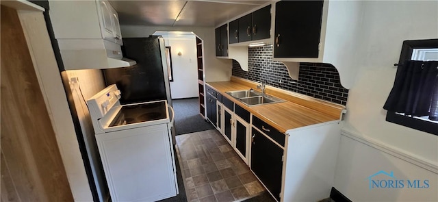 1037 Fishlock Ave, Findlay, OH 45840 - kitchen featuring dark cabinetry, a sink, washer / dryer, decorative backsplash, and arched walkways