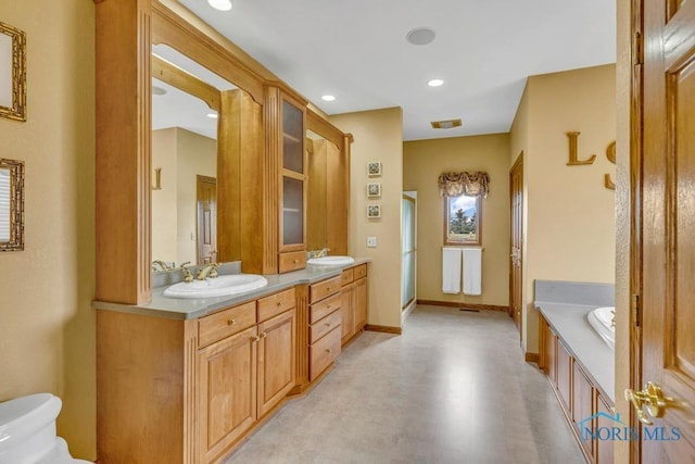 14360 County Road 2, Swanton, OH 43558 - full bathroom with a shower stall, double vanity, a bath, recessed lighting, and toilet