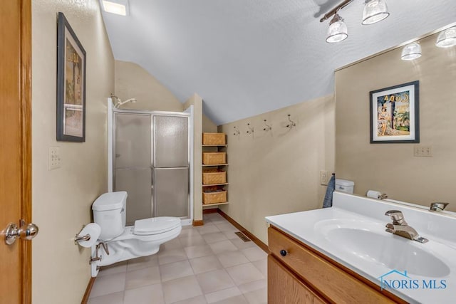 14360 County Road 2, Swanton, OH 43558 - full bath featuring toilet, a stall shower, lofted ceiling, vanity, and baseboards