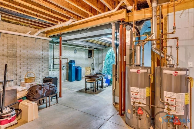 14360 County Road 2, Swanton, OH 43558 - unfinished below grade area with water heater, brick wall, and a water softener