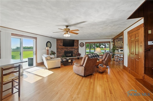 1482 Township Road 55, Ada, OH 45810 - living room featuring plenty of natural light, a fireplace, light wood-style floors, and a ceiling fan
