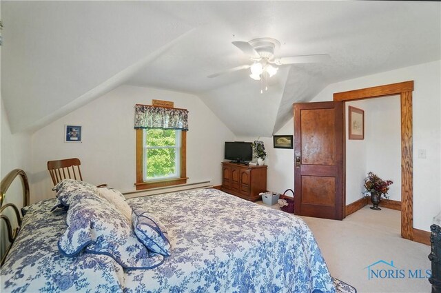 1482 Township Road 55, Ada, OH 45810 - bedroom featuring carpet, a baseboard heating unit, vaulted ceiling, a ceiling fan, and baseboards