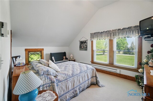 1482 Township Road 55, Ada, OH 45810 - carpeted bedroom featuring a baseboard radiator, lofted ceiling, and multiple windows