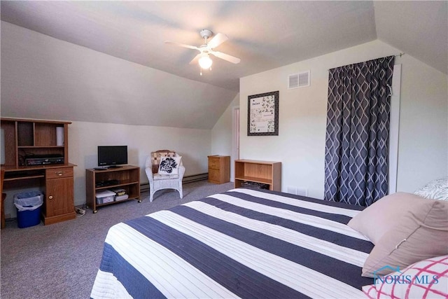 344 E Findlay St, Sugar Creek Township, OH 45893 - bedroom with carpet, lofted ceiling, baseboard heating, and ceiling fan