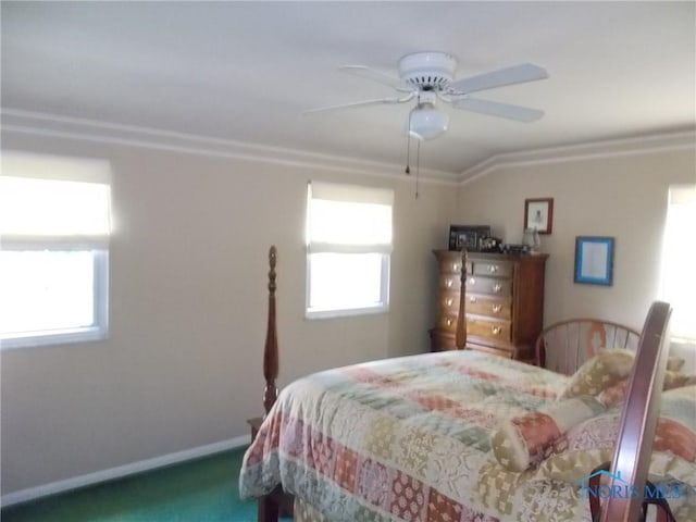 3440 Mapleway Dr, Toledo, OH 43614 - bedroom featuring carpet, ornamental molding, a ceiling fan, and baseboards