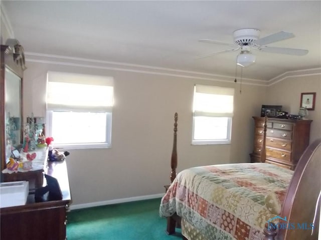 3440 Mapleway Dr, Toledo, OH 43614 - carpeted bedroom featuring multiple windows, ornamental molding, baseboards, and ceiling fan