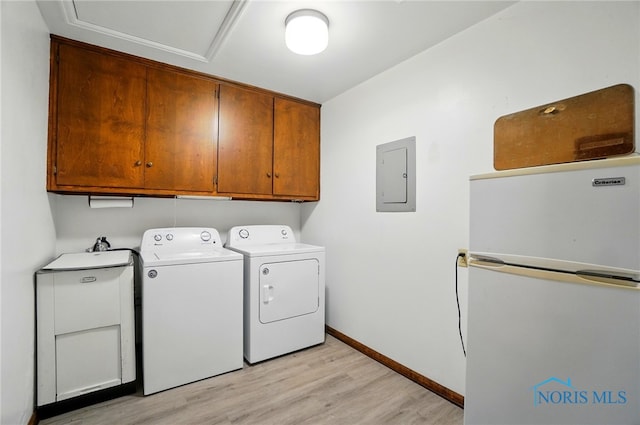 1110 Bourgogne Ave, Bowling Green, OH 43402 - washroom featuring electric panel, washing machine and clothes dryer, cabinet space, light wood-style floors, and baseboards