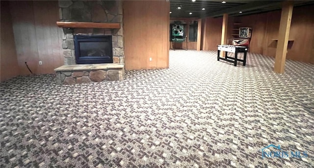 5506 Brookview Ln, Upper Sandusky, OH 43351 - basement featuring wood walls, carpet, and a stone fireplace