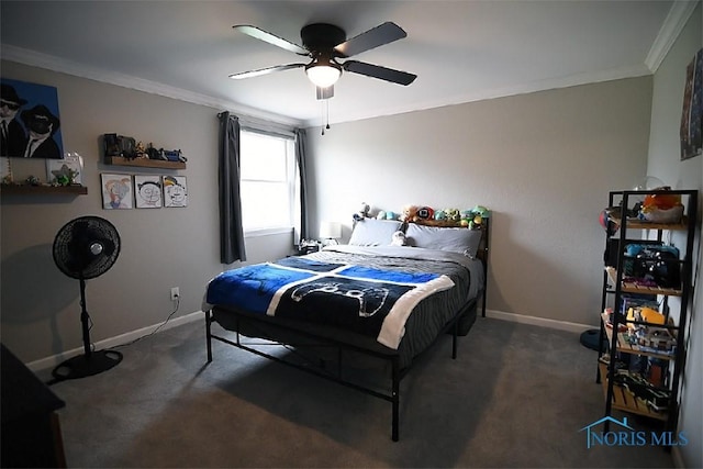 100 E End Dr, Pioneer, OH 43554 - bedroom featuring carpet, ornamental molding, baseboards, and a ceiling fan