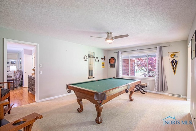 4911 Claradale Rd, Toledo, OH 43614 - playroom featuring billiards table, a textured ceiling, light colored carpet, ceiling fan, and baseboards