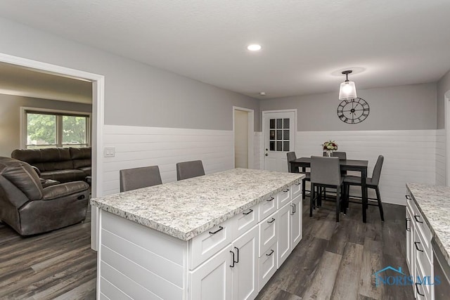 510 N Wintergarden Rd, Bowling Green, OH 43402 - kitchen featuring white cabinets, dark wood finished floors, a wainscoted wall, hanging light fixtures, and light stone counters