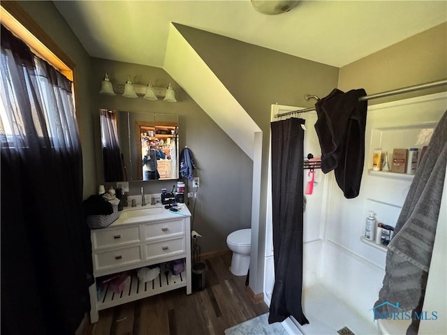 5412 Evansport Rd, Defiance, OH 43512 - bathroom with toilet, curtained shower, wood finished floors, and vanity