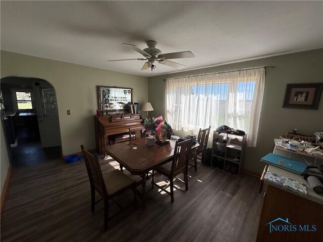 5412 Evansport Rd, Defiance, OH 43512 - dining space featuring dark wood-style flooring, healthy amount of natural light, ceiling fan, and baseboards