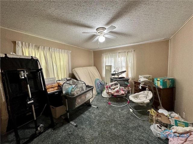 203 Washington St, Bettsville, OH 44815 - carpeted bedroom featuring crown molding, ceiling fan, and a textured ceiling