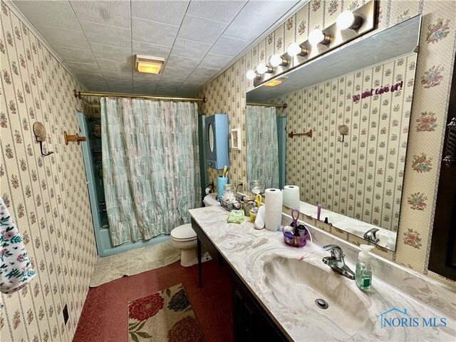 203 Washington St, Bettsville, OH 44815 - bathroom with wallpapered walls, a stall shower, vanity, and toilet