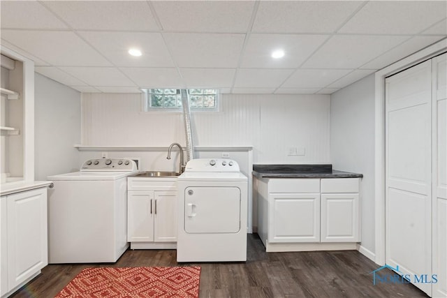2904 Goddard Rd, Toledo, OH 43606 - laundry area with washer and clothes dryer, dark wood finished floors, cabinet space, and recessed lighting