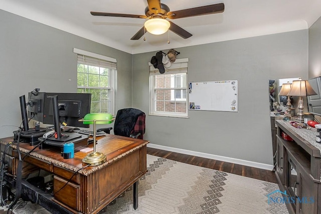 2838 Secor Rd, Toledo, OH 43606 - office area featuring dark wood-style floors, a ceiling fan, and baseboards