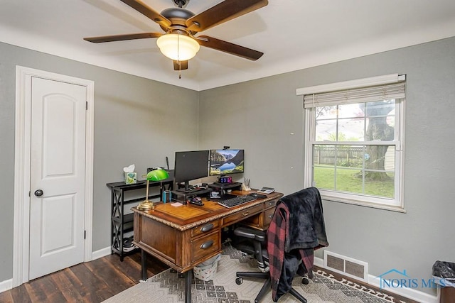 2838 Secor Rd, Toledo, OH 43606 - office with a ceiling fan, baseboards, and dark wood-style flooring