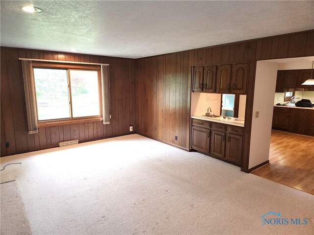 725 Ashbury Dr, Perrysburg, OH 43551 - unfurnished living room with light carpet, wood walls, and a sink