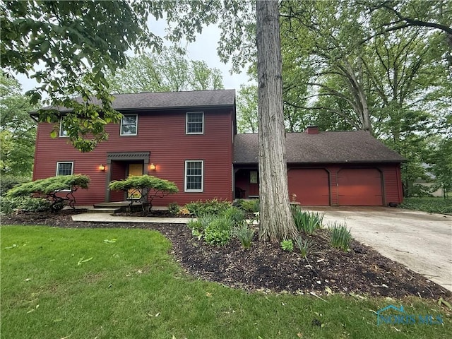 1301 Forest Park, Findlay, OH 45840 - colonial home featuring a garage, driveway, a front yard, roof with shingles, and a chimney