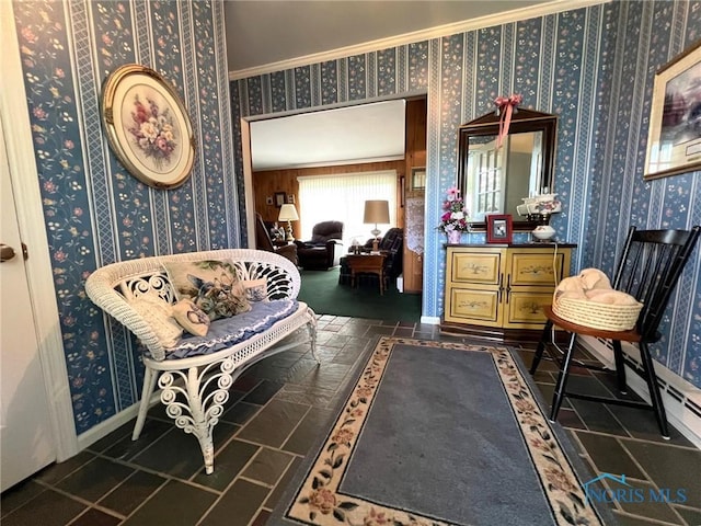 212 Duck Pond Rd, Upper Sandusky, OH 43351 - sitting room featuring wallpapered walls, ornamental molding, baseboards, and dark stone finish floors