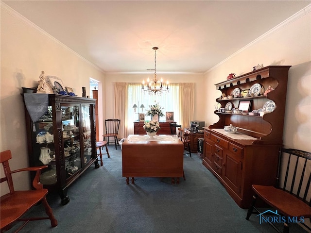 212 Duck Pond Rd, Upper Sandusky, OH 43351 - dining room featuring a chandelier, dark carpet, and ornamental molding