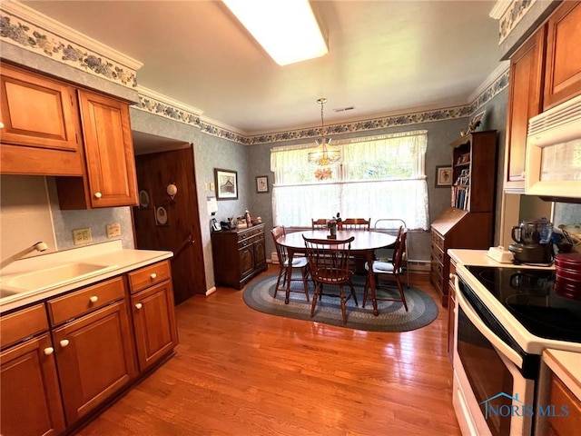 212 Duck Pond Rd, Upper Sandusky, OH 43351 - kitchen featuring white appliances, wallpapered walls, a sink, wood finished floors, and light countertops