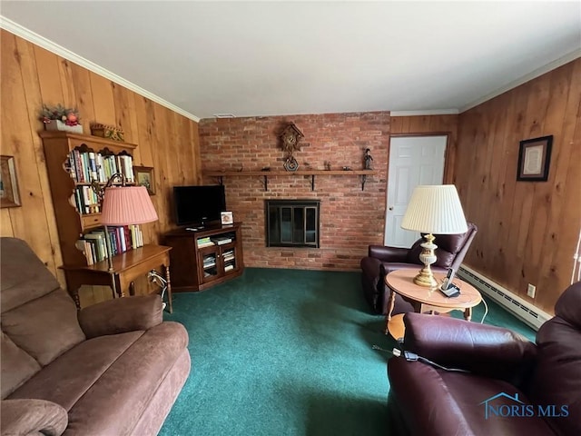 212 Duck Pond Rd, Upper Sandusky, OH 43351 - living room with wood walls, carpet floors, baseboard heating, crown molding, and a fireplace