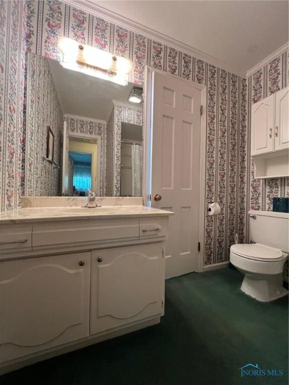 212 Duck Pond Rd, Upper Sandusky, OH 43351 - bathroom featuring wallpapered walls, toilet, and vanity