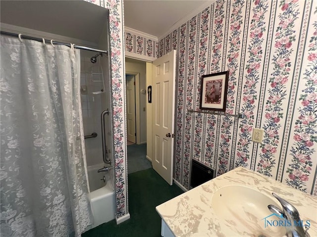 212 Duck Pond Rd, Upper Sandusky, OH 43351 - full bathroom featuring crown molding, vanity, wallpapered walls, and shower / tub combo with curtain