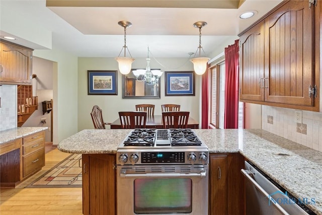 2142 Tracy Rd, Northwood, OH 43619 - kitchen featuring stainless steel appliances, a peninsula, light wood-style floors, backsplash, and recessed lighting