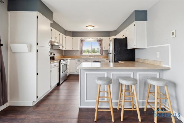 10540 Veler Rd, Curtice, OH 43412 - kitchen with stainless steel appliances, under cabinet range hood, a peninsula, light countertops, and white cabinets